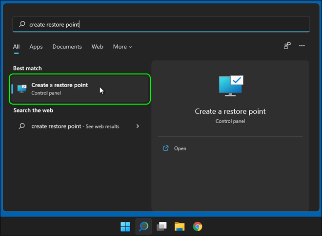 Search Create Restore Point In Windows Search And Click Create A Restore Point Link
