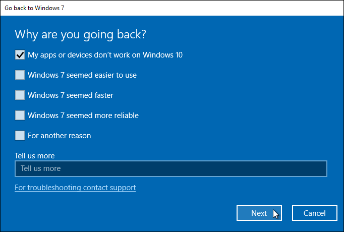 Select A Reason For Downgrade From Windows 10 To Windows 7 Or 8.1