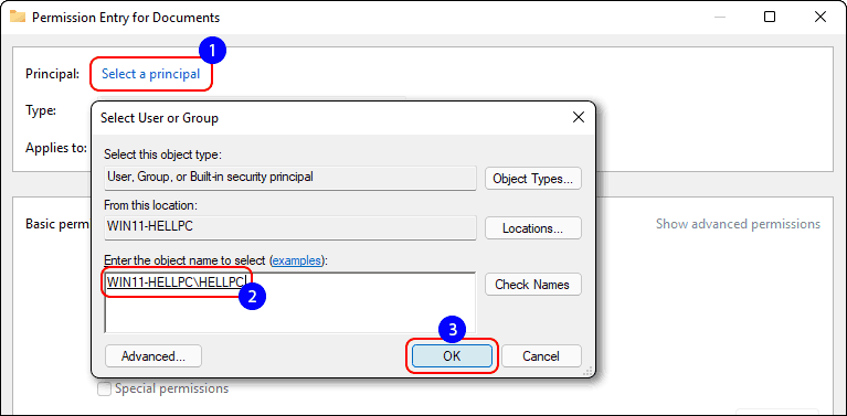 Select A User Principal To Grant Access To Selected File Or Folder