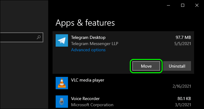 Select An App And Click On Move Button to move microsoft apps from c drive to d drive