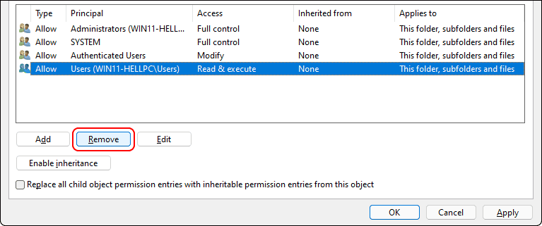 Select And Remove User Principal To Remove Access To File Or Folder After Disabling Inheritance