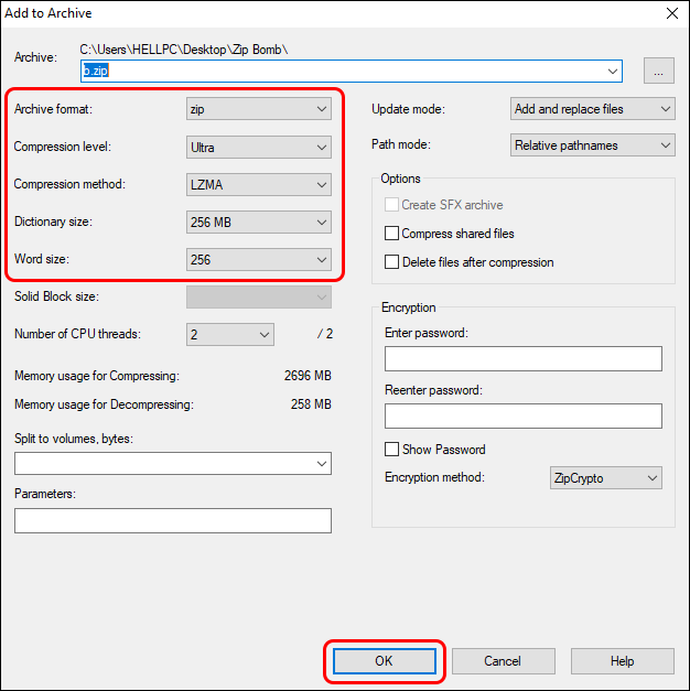 Select Compression Level To Ultra And Archive Type To Zip And Click Ok