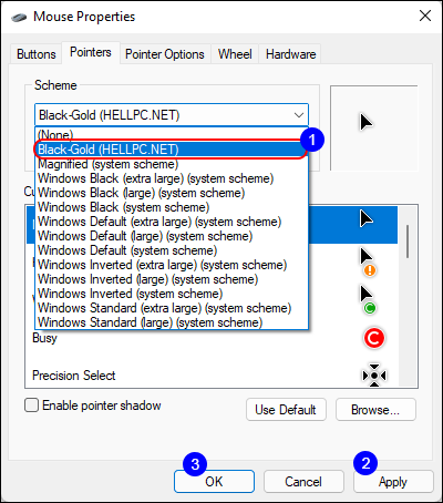 Select Custom Mouse Pointer Scheme And Click Apply Then Ok