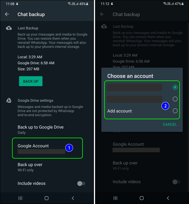 Select Google Account To Connect Google Drive For Whatsapp Chat Backup