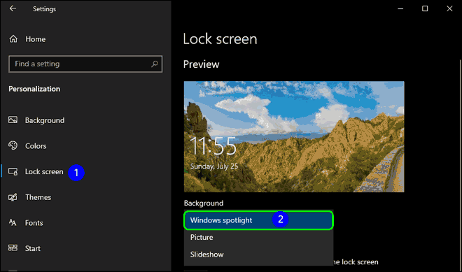 Select Lock Screen From Left Pane And Select Windows Spotlight As Background