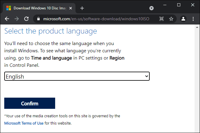 Select Product Language And Click Confirm