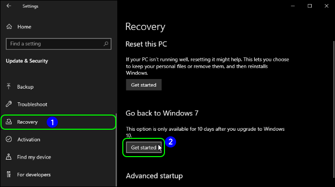 Select Recovery From Left And Click Get Started Under Go Back To Windows 7 Or 8.1