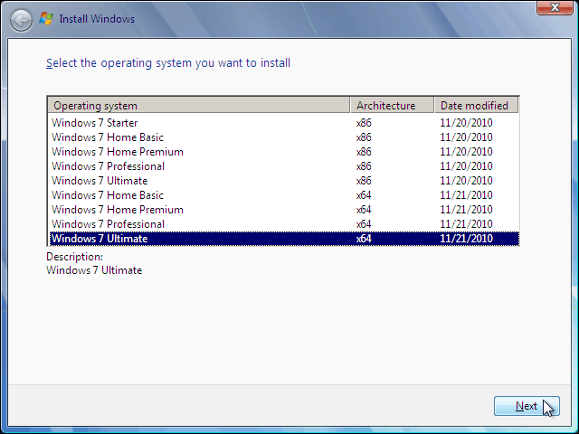 Select The Version Of Windows 7 To Install And Click Next