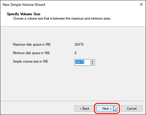 Select Volume Size In Mb And Click Next to make new disk drive from free space