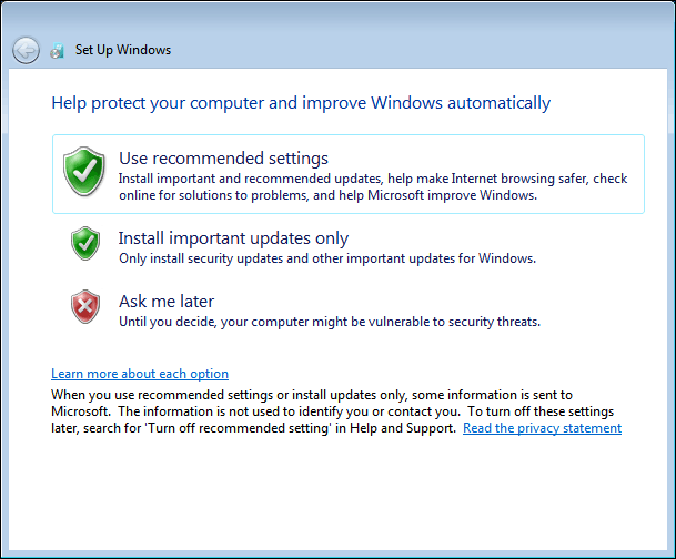 Select Windows Update Settings For Your Clean Install Of Windows 7