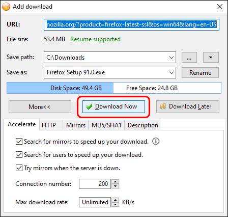 Set Connection Number To 200 In More Options And Click Download Now