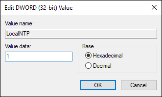 Set Localntp Value To 1 Hexadecimal to create local NTP server on your computer
