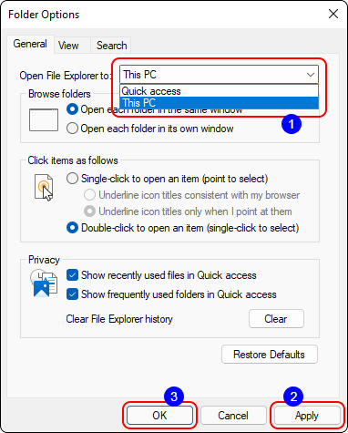 Set Open Explorer To This Pc And Click Ok To Disable Quick Access In Windows 11 And 10