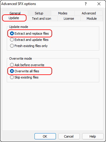 Sfx Options Update Tab Overwrite All Files And Click Ok