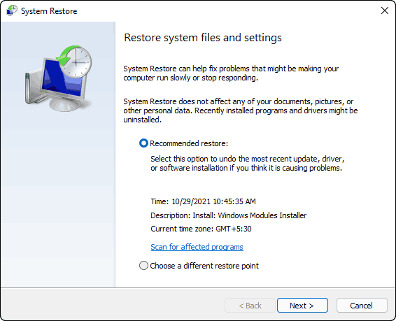 System Restore Wizard Will Start Click Next To Continue With Recommended Restore Point