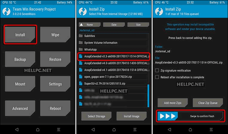 Tap Install And Browse Aosp Extended Custom Rom Zip And Swipe Right To Flash install It On Lenovo A6000 Plus
