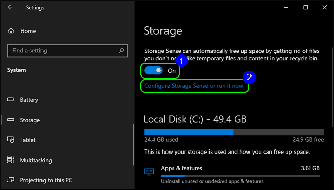 Turn On Or Enable Storage Sense In Windows 10 And Click Configure Storage Sense Or Run It Now