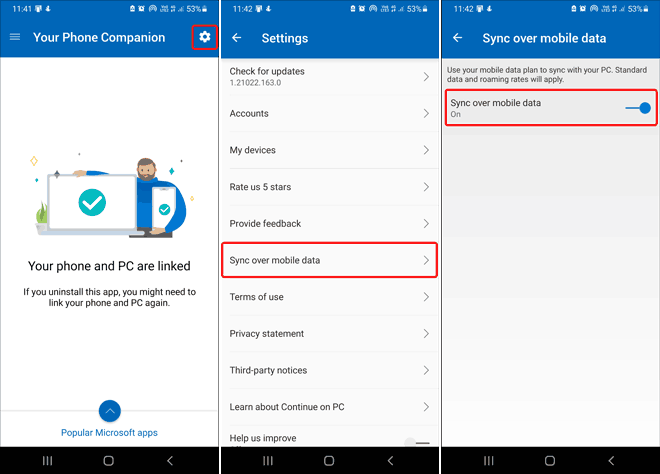 Turn On Sync Over Mobile Data In Your Phone App On Android - connect your phone to windows 10