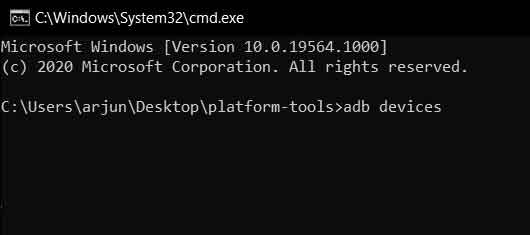 Run adb devices command to view attached devices in adb tools console for windows