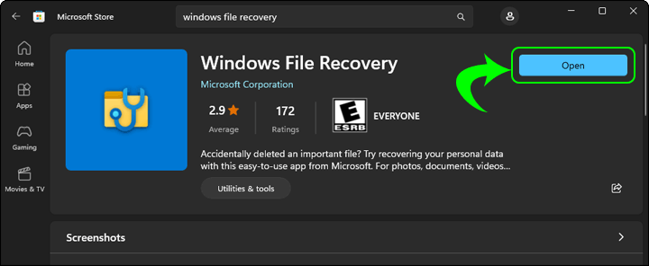 Open Windows File Recovery Utility After Installing