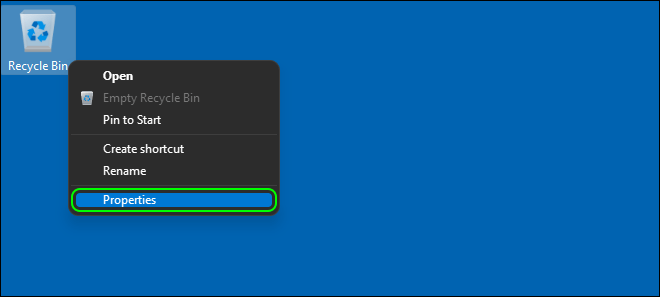 Right Click On Recycle Bin Icon And Select Properties