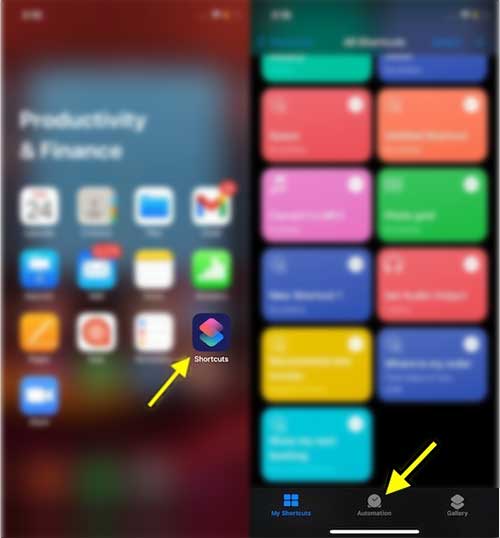 Open Shortcuts App and tap on Automations