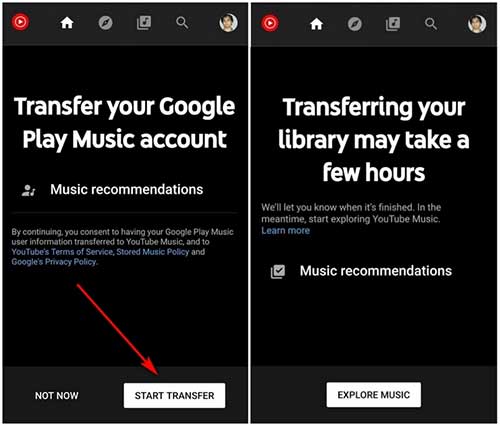 Start transfer of Google Play Music to YouTube Music