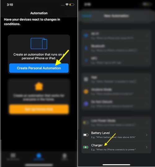 Select Create Personal Automation and then Select Charger