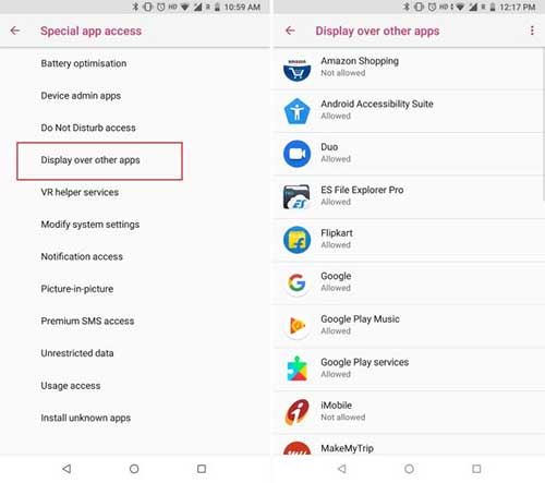 Disable Display Over other Apps permissions