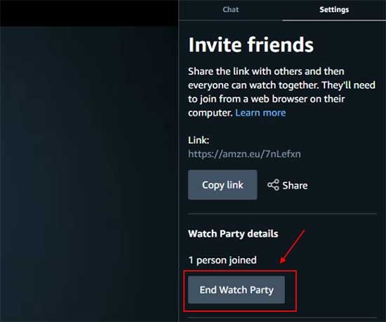 Go to Settings tab and click End Watch Party
