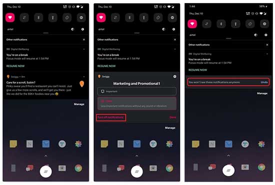 Disable push notifications from apps via notification panel