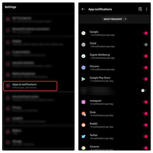 Disable notifications from Apps Settings