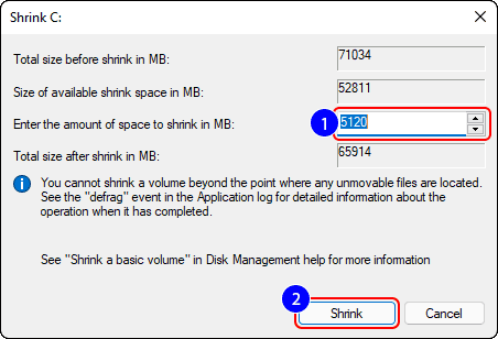 Select The Space To Shrink And Click Shrink Button To Shrink Volume