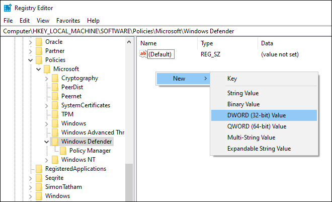 Go To Windows Defender Folder In Registry Editor And Create A New Dword