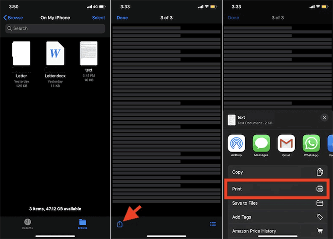 Open Doc File On iPhone And Tap On The Share Button Then Choose Print to convert docs to pdf