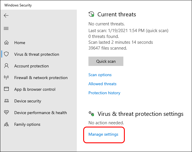 Open Windows Security And Click On Manage Settings Under Virus And Threat Protection Settings