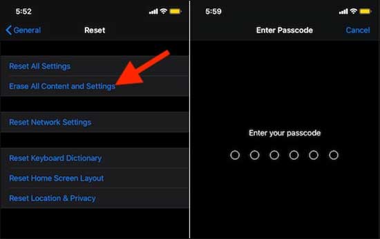 Select Erase All Content And Settings And Enter Your Iphone Passcode
