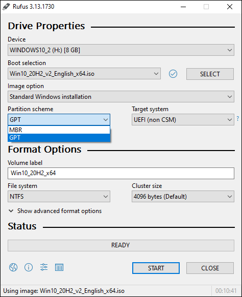 Select Partition Scheme Mbr For Bios Or Gpt For Secure Boot Uefi