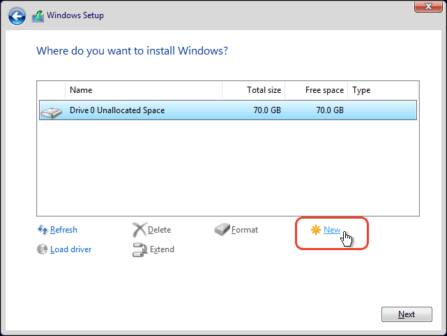 Select Unallocated Disk And Click On New To Create A New Partition For Windows