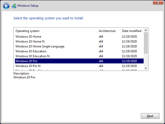 Select Windows 10 Version To Install And Click Next