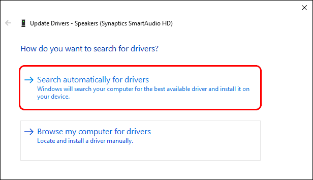 Click On Search Automatically For The Drivers to fix headphones not working on windows 10