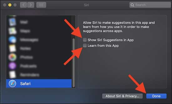 Disable Siri Suggestions And Learning In Safari And Click Done