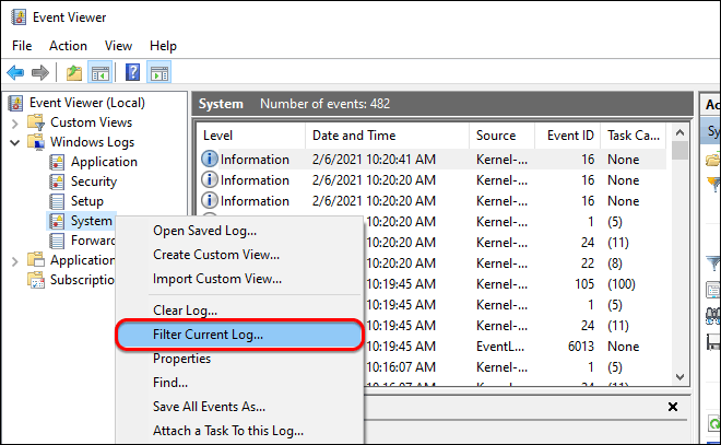 In Event Viewer Right Click On System Under Windows Logs And Select Filter Current Log