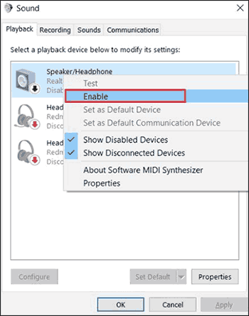 Enable speaker or headphone in sound control panel to fix headphones not working in windows 10