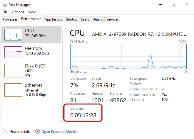 Open Task Manager And Go To Performance Tab And Check System Uptime In Windows 10