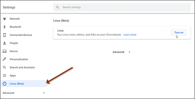 Select Linux Beta From Left Pane And Click Turn On To Install Linux On Chromebook