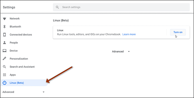 Select Linux Beta From Left Pane And Click Turn On To Install Linux