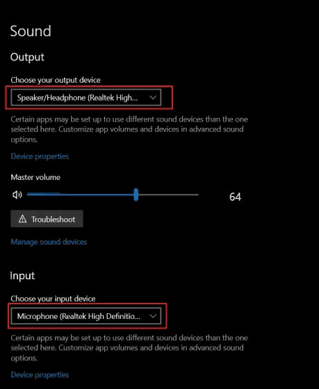 Select Proper Input And Output Device to fix headphones not working issue in Windows 10