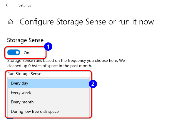 Turn On Storage Sense And Select When Storage Sense Will Run