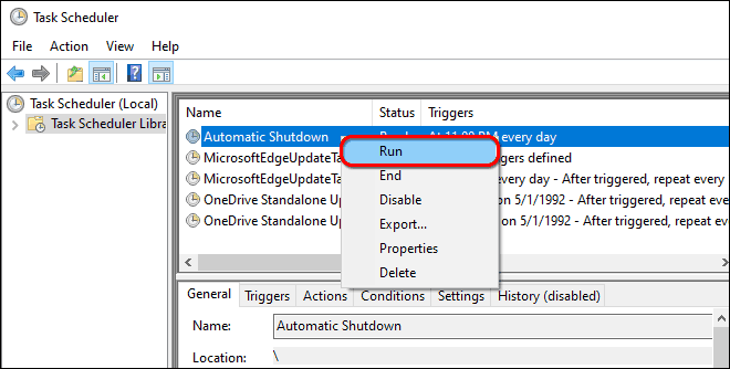 Right Click On The Automatic Shutdown Task And Select Run To Run The Task